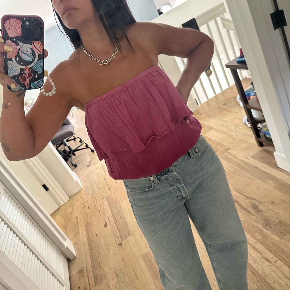 Michael Stars pink Ruffled Strapless Crop Top Size Small